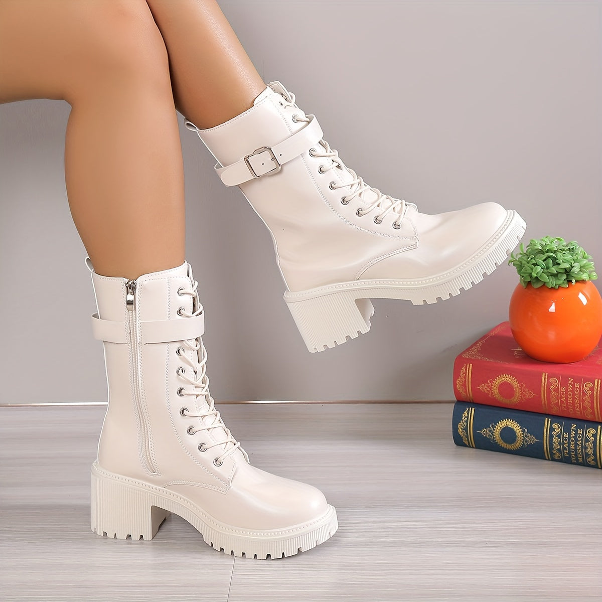 Women's Chunky Heel Mid Calf Boots Lace Up Side Zipper Solid Color Platform