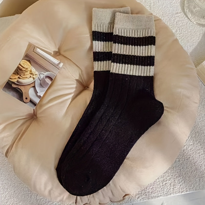 Women’s 5 Pairs Striped Mid-Calf Socks Polyester Spandex Fall Winter