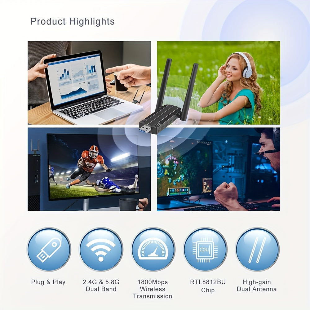 WiFi 6 USB Adapter Dual Band AX1800 for PC Windows 7 10 11