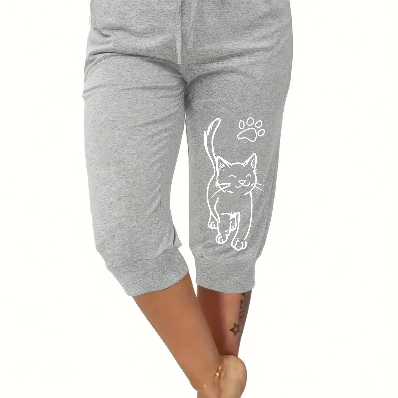 Plus Size Cat Print Casual Tie Waist Pants for Summer Women