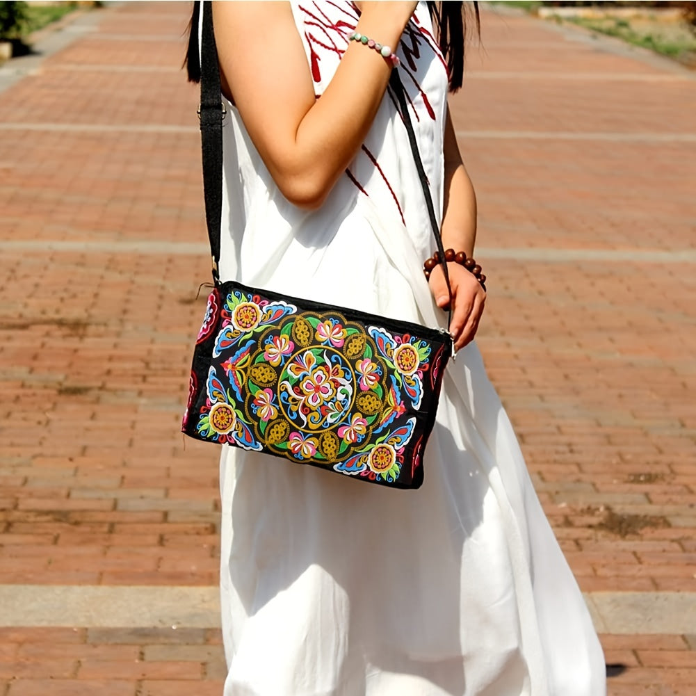 Women's Floral Embroidered Canvas Crossbody Bag with Adjustable Strap in Multiple Colors