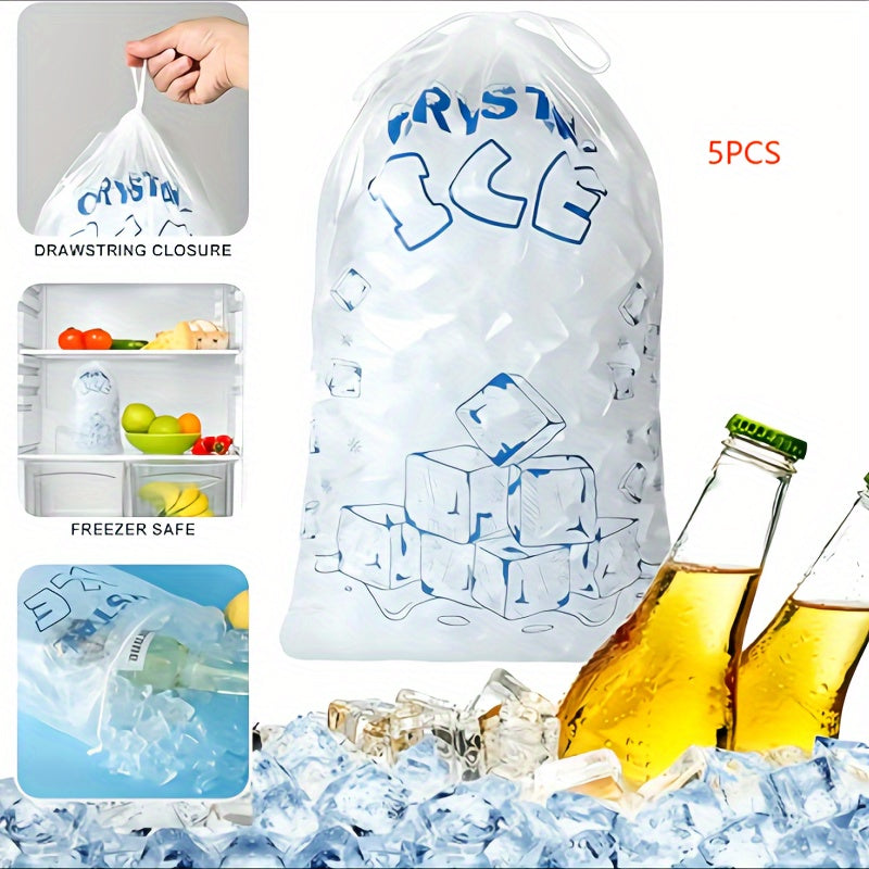 Set of 5 Reusable Crystal Ice Bags 4.54kg Leak-Proof Freezer Bags with Drawstring