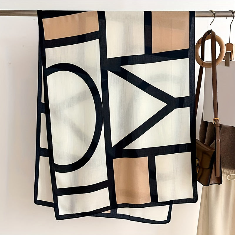 Geometric Pattern Color Block Scarf for Women Lightweight Breathable Polyester Shawl for Spring Summer Sun Protection