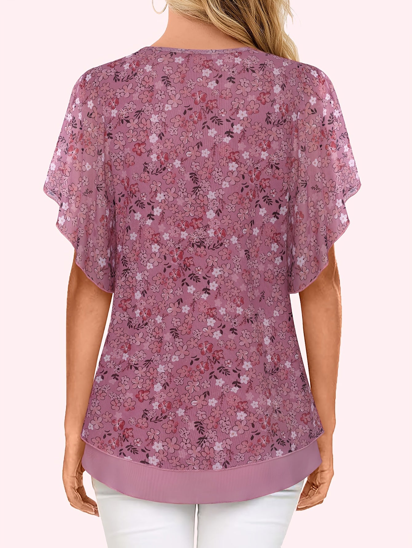 Women's Mesh Blouse Short Sleeve V-Neck Floral Ruffle Summer Tunic Top