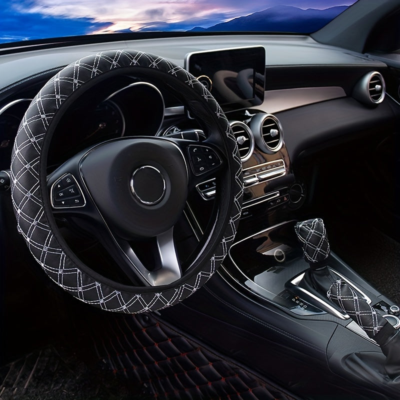 3pcs PU Leather Car Steering Wheel Cover Gear Shift Handbrake Cover Fits 38cm