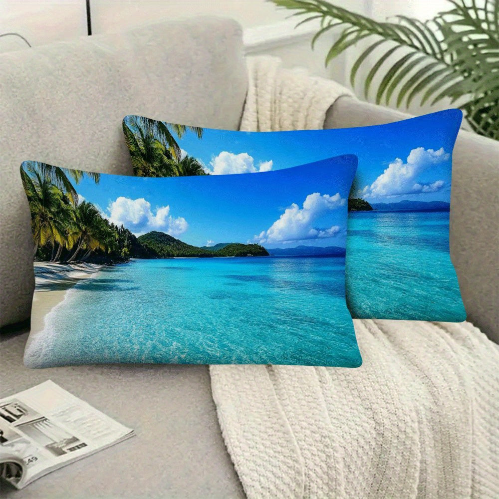 Set of 2 Ocean Beach and Coconut Tree Print Pillow Covers 50.8x30.48cm Square Cushion Cases for Living Room Bedroom Outdoor
