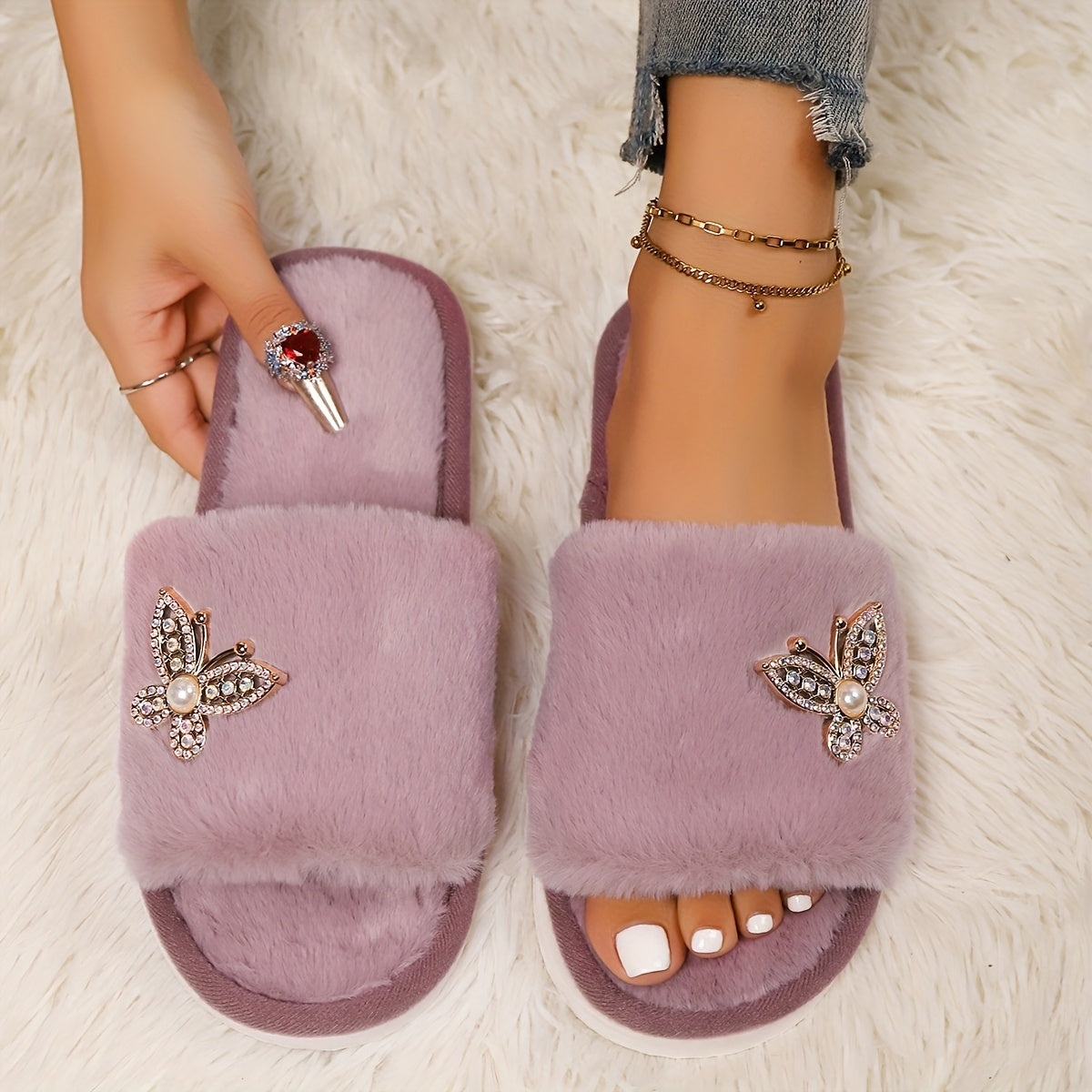 Women's Plush Butterfly Slippers Open-Toe Soft Comfortable Indoor Use