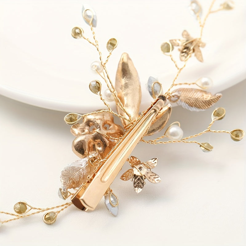 Floral Leaf Hair Clip with Faux Pearls and Rhinestones for Bridal and Party