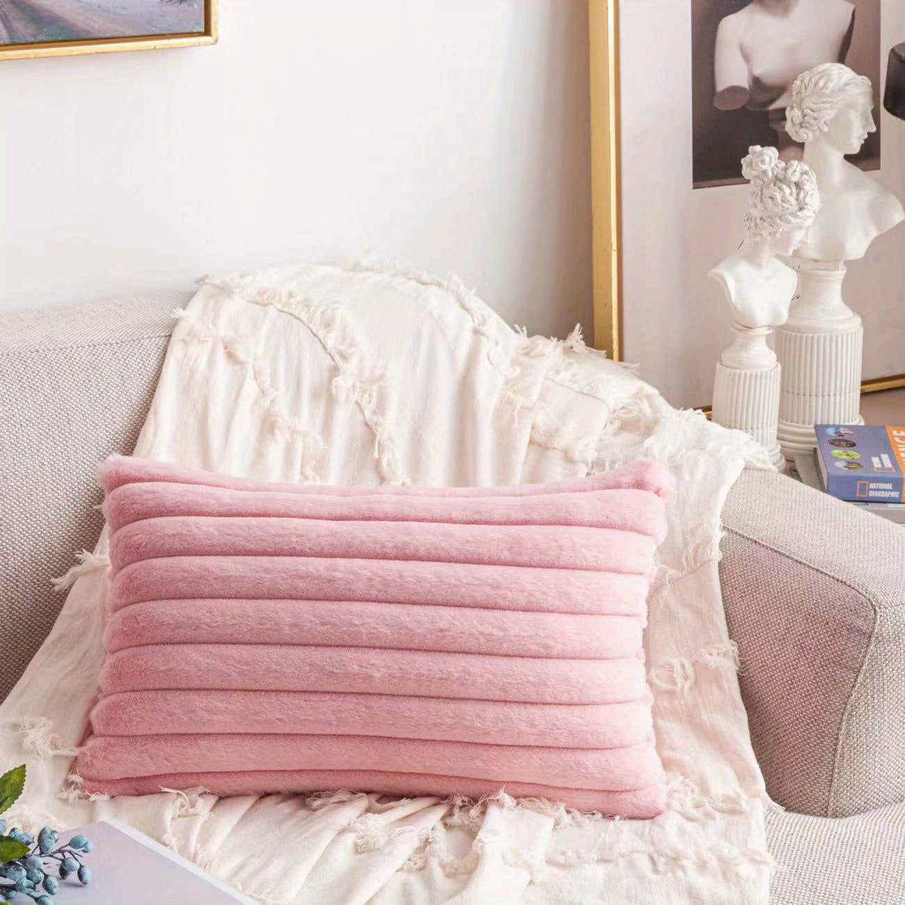 Bohemian Rabbit Fur Stripe Throw Pillow Cover Geometric Pattern Polyester Knit