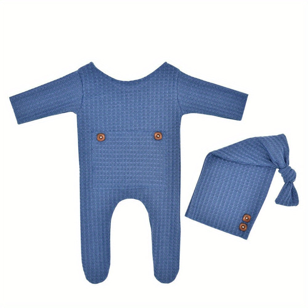 Newborn Baby Boy Clothes Set Long Sleeve Knitted Romper Beanie Photography Props