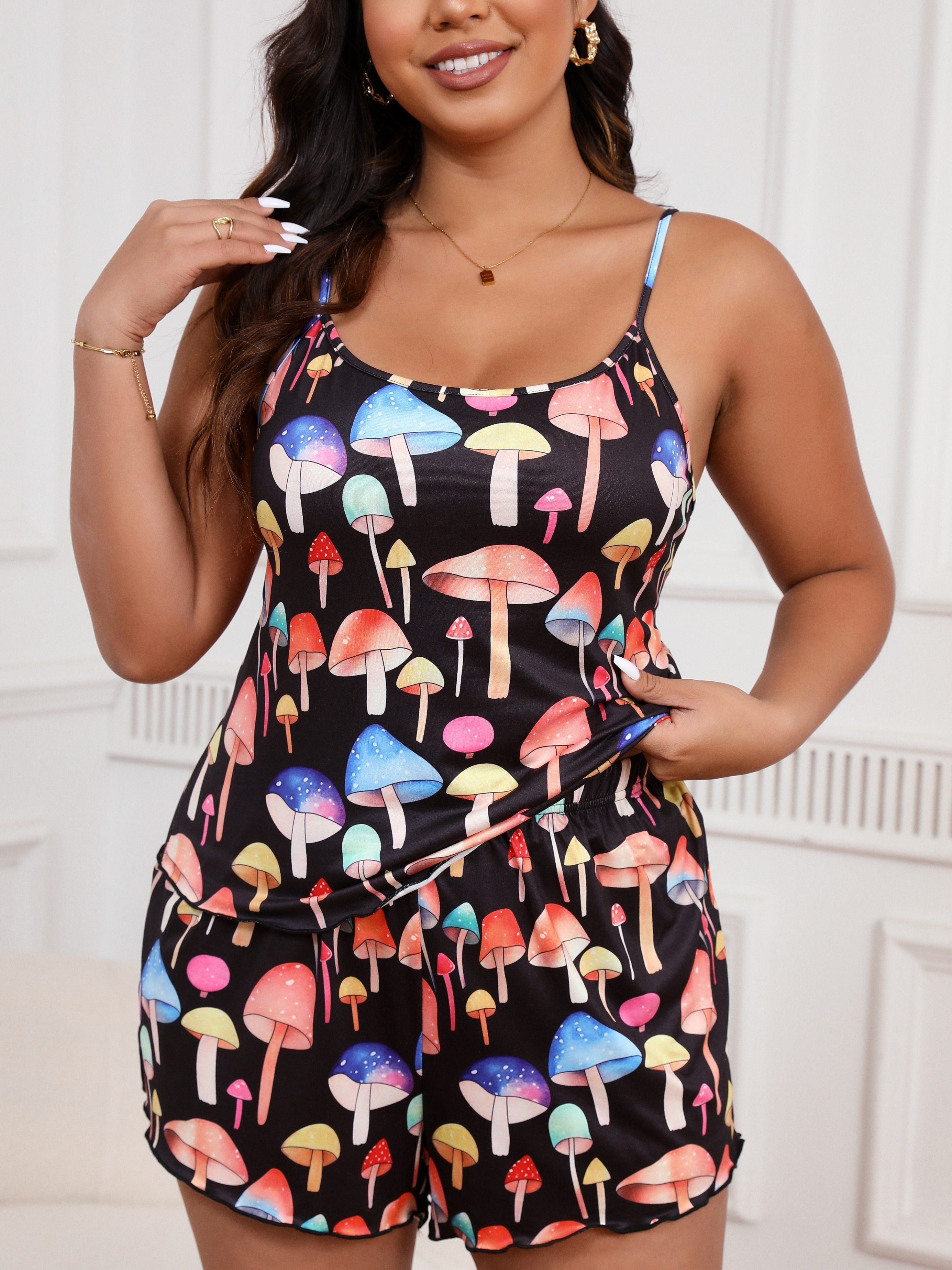 Women's Plus Size Pajamas Set Round Neck Cami Top Shorts Colorful Mushroom Print