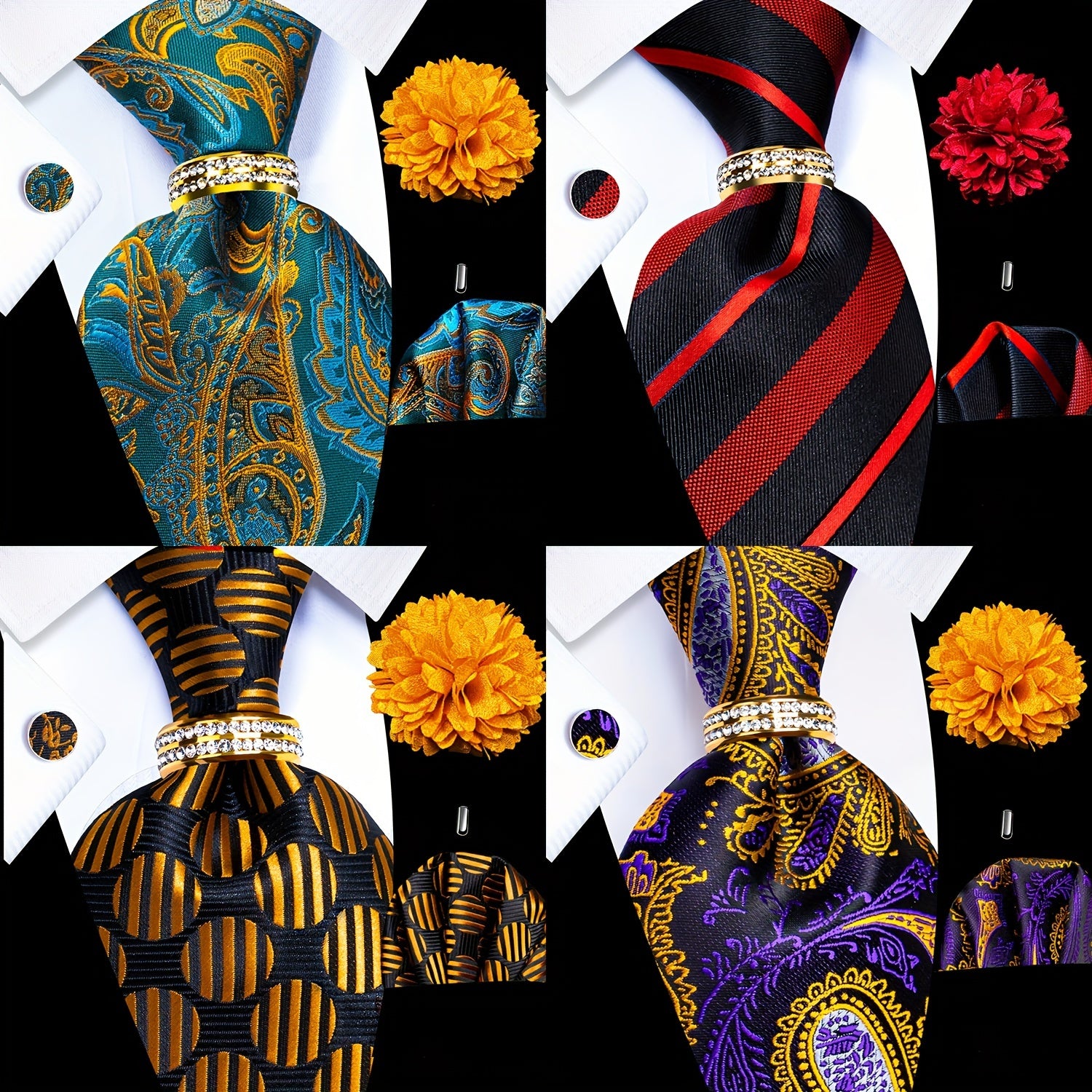 Men's Formal Tie Set with Pocket Square Cufflinks Tie Clip Lapel Pin and Ring for Weddings and Occasions