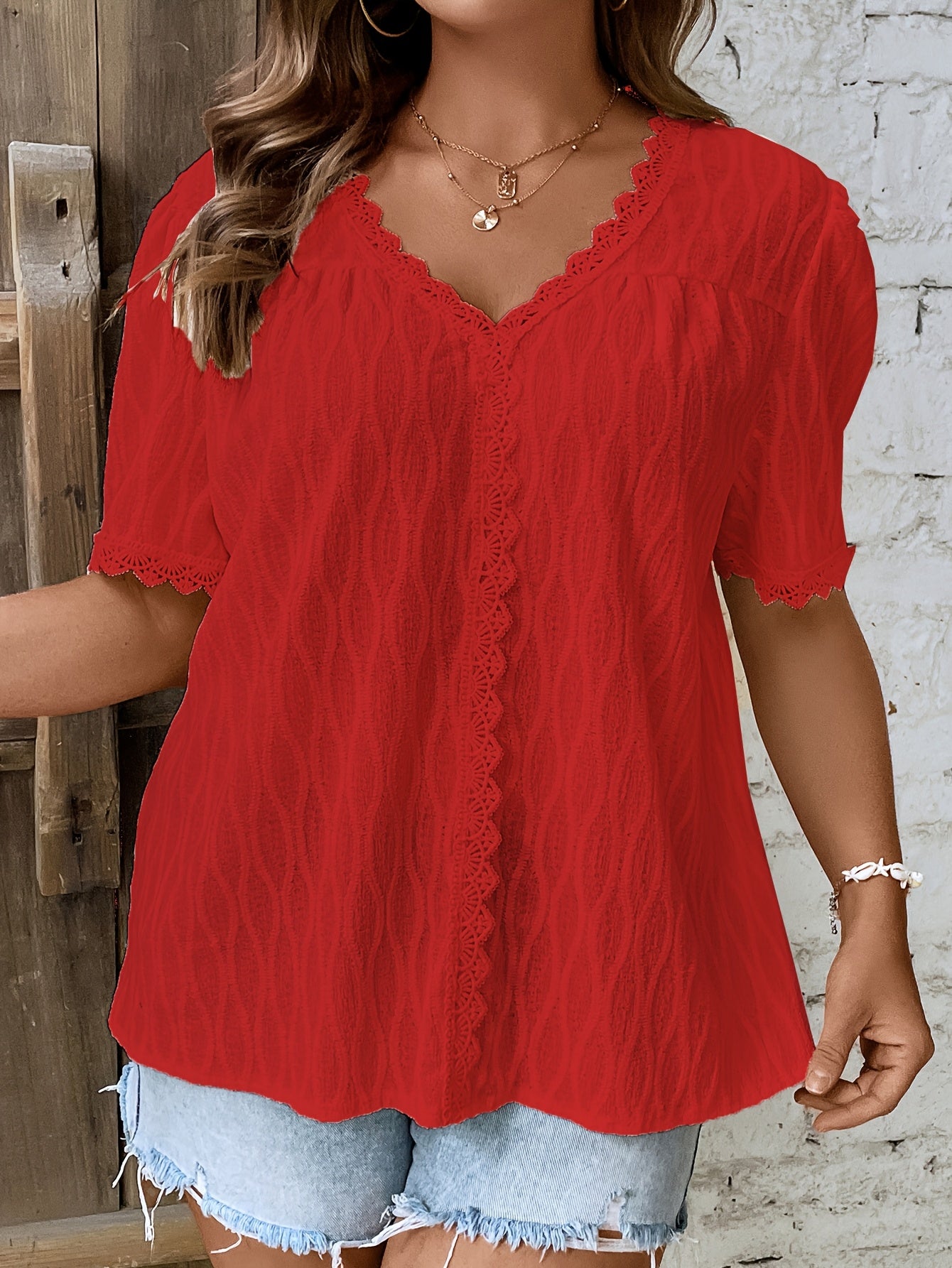 Women Plus Size Lace Top V-Neck Ruffled Sleeve Green Casual Blouse