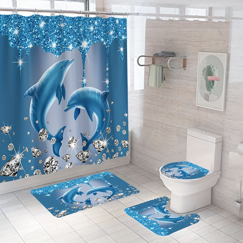 Diamond Dolphin Print Shower Curtain Set Waterproof Polyester Bathroom Decor with Hooks Bath Mat Rug and Toilet Lid Cover