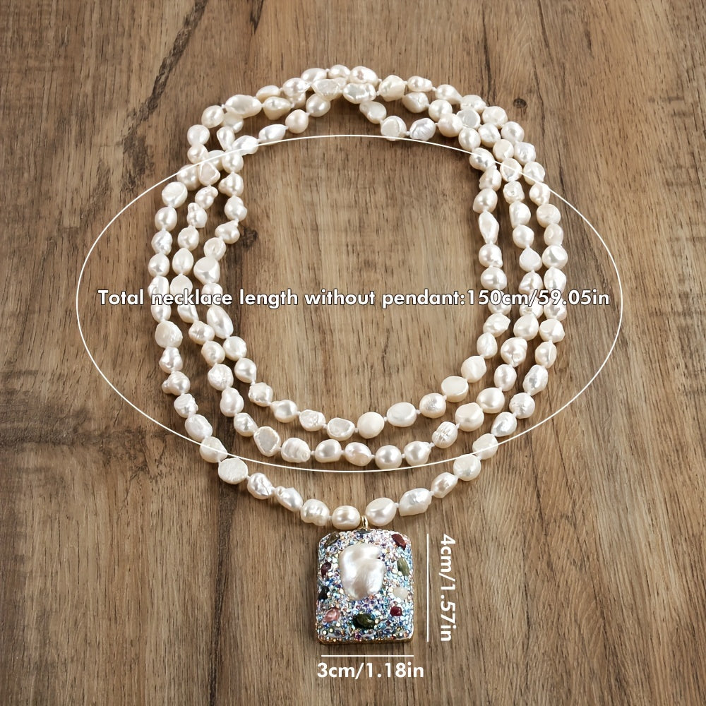 Natural Biwa Pearl Necklace 150cm Freshwater Pendant Bohemian Jewelry for Daily Wear