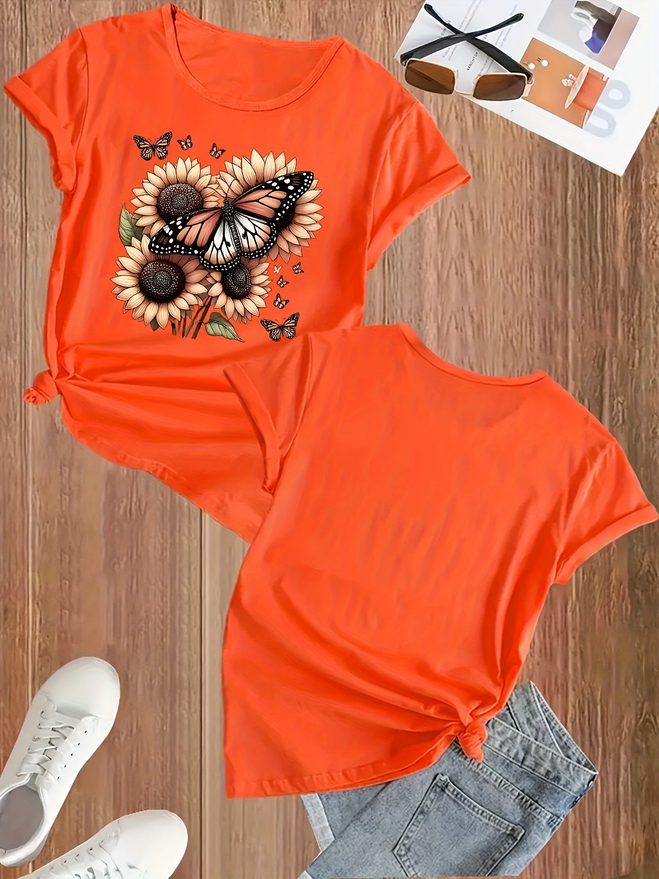 Plus Size Women's Cotton Butterfly Sunflower Print T-Shirt Casual Short Sleeve Top