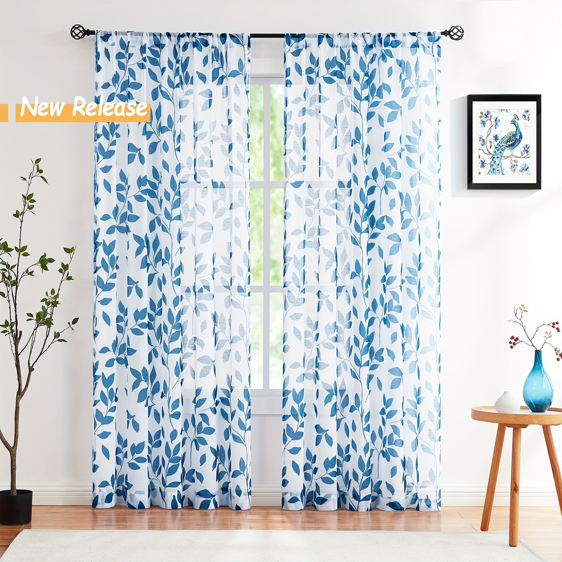 White Leaf Print Linen Sheer Curtains for Bedroom, Living Room, Office