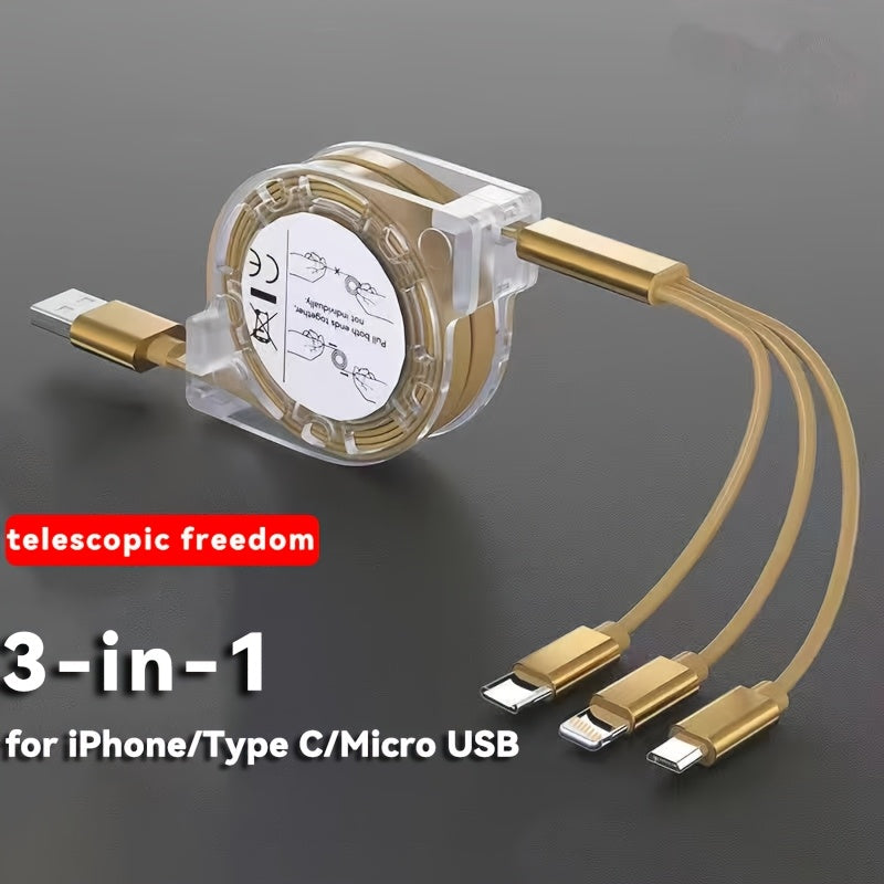 3-in-1 USB Charging Cable for iPhone, Type-C, Micro USB Devices Fast Data Transfer