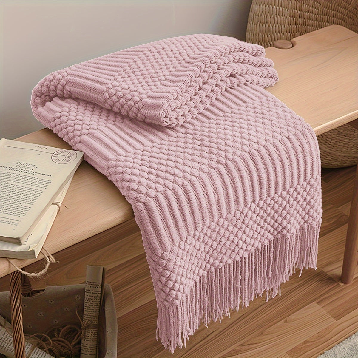 Warm Knitted Throw Blanket for Sofa Bed Car All Seasons with Tassels