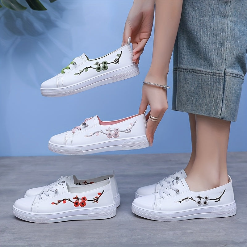 Women’s Floral Embroidery Sneakers Casual Slip-On Microfiber All-Season