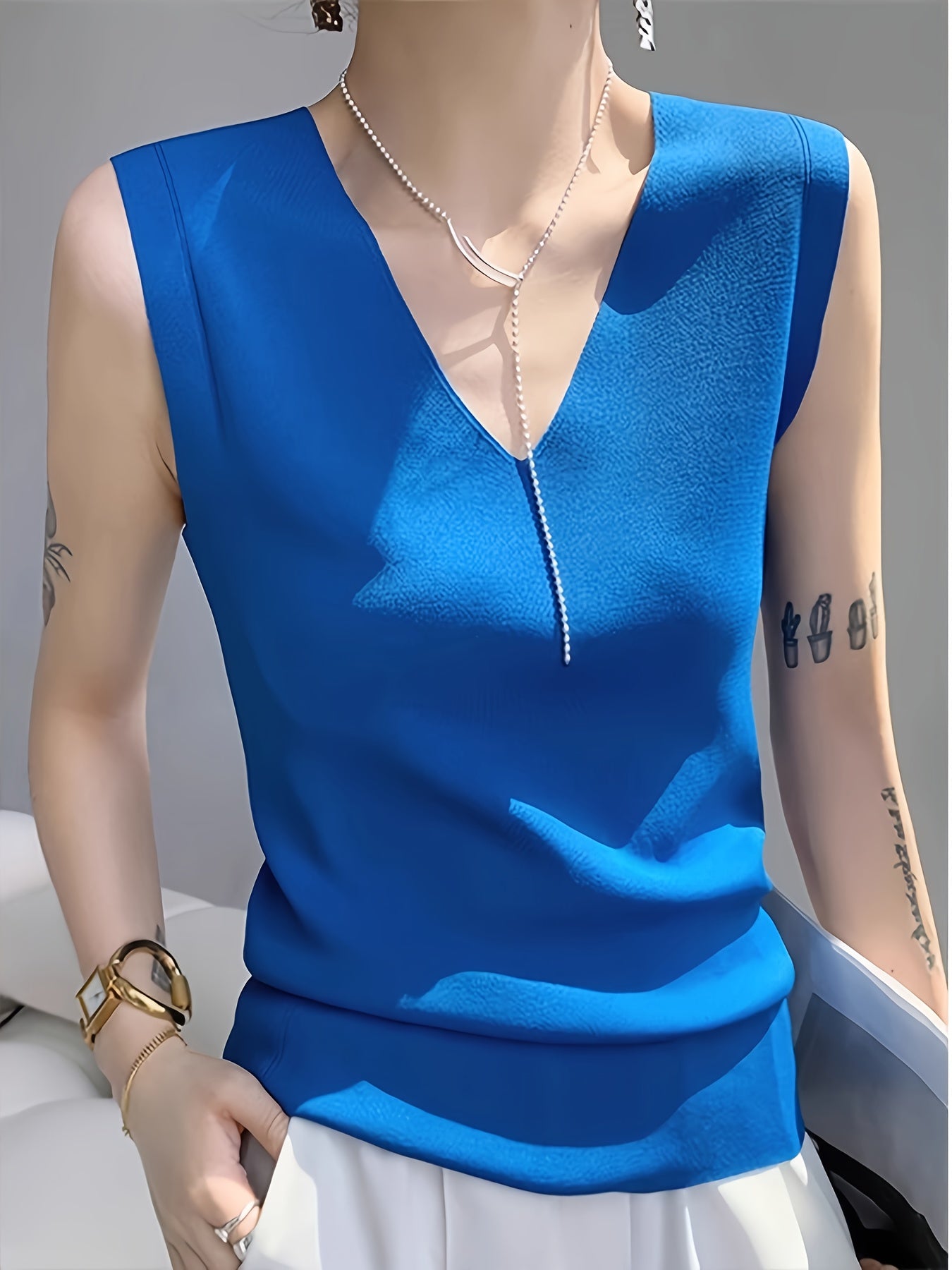 Plus Size Blue Ice Silky Fiber Fabric Camisole Vest for Women Summer Sleeveless Top