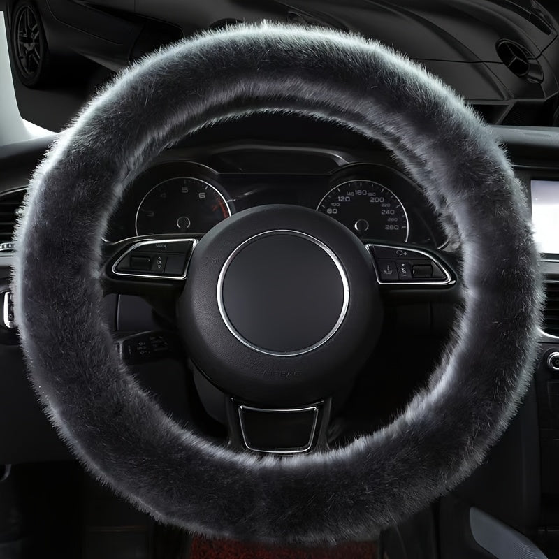 Universal Faux Fur Steering Wheel Cover Soft Plush Gray White Winter Warmth