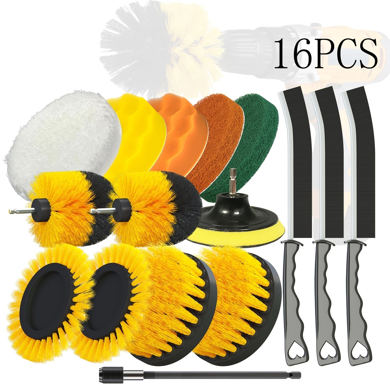 16-Piece Drill Brush Set for Scrubbing, Polishing, Cleaning with Pads and Extensions