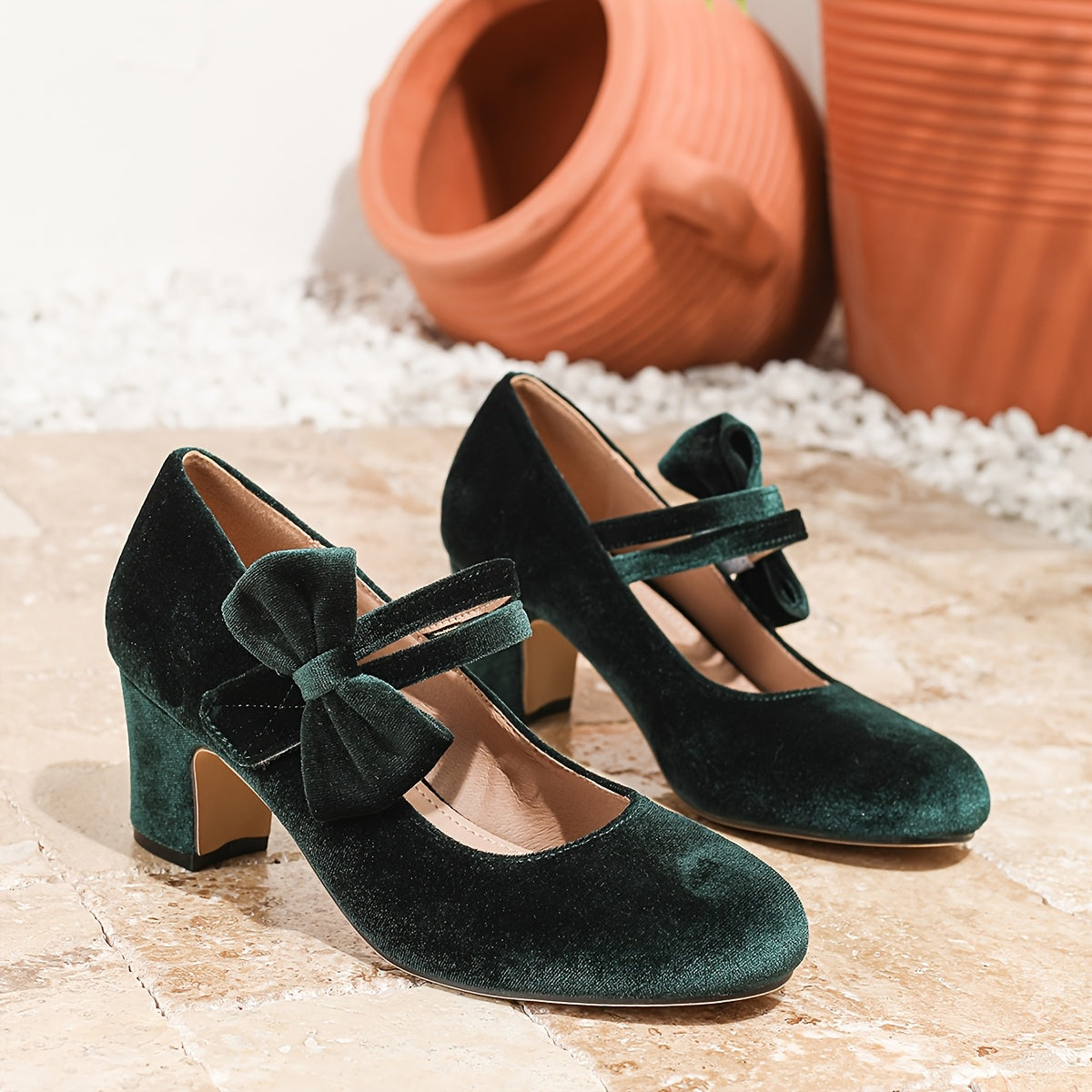 Women's Velvet Bow Mary Jane Pumps with Chunky Heel for Weddings