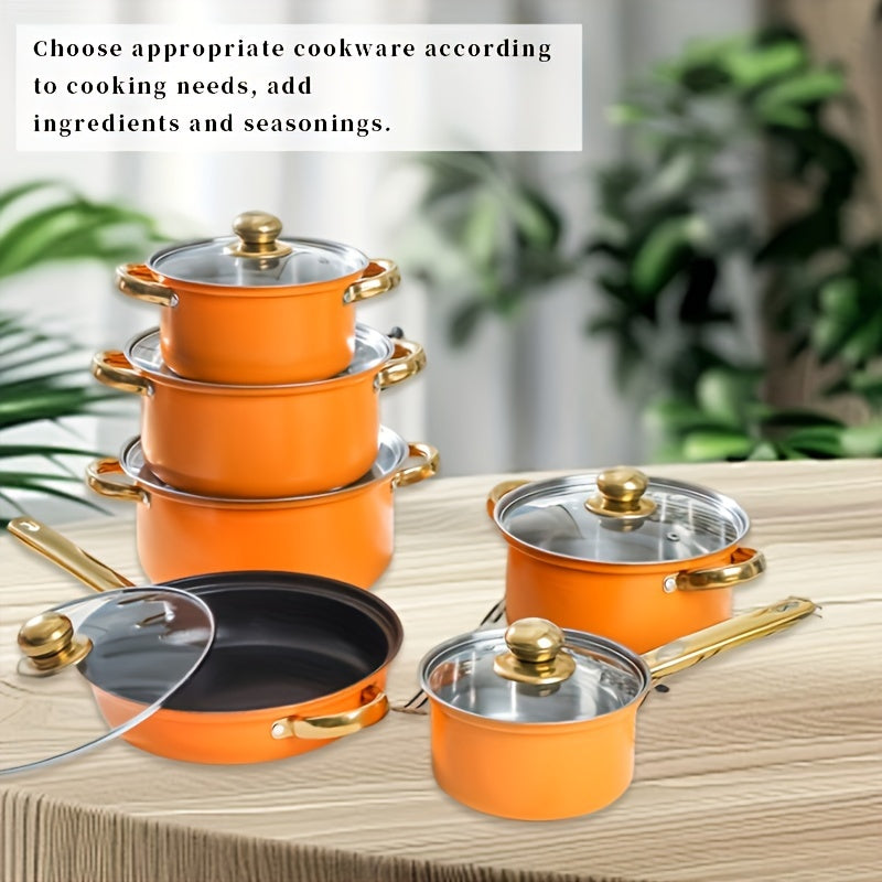 12-Piece Stainless Steel Cookware Set with Non-Stick Coating and Gold Handles