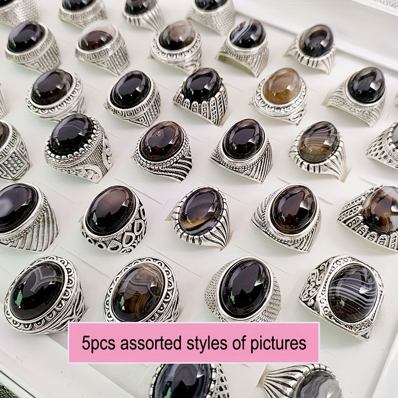 Mijozlar tomonidan eng yaxshi tanlov: 5 ta vintage uslubidagi uzuklar to'plami, tabiiy yo'lbars ko'z toshlari bilan - Sink qotishmasidan tayyorlangan, kundalik va maxsus tadbirlar uchun ideal