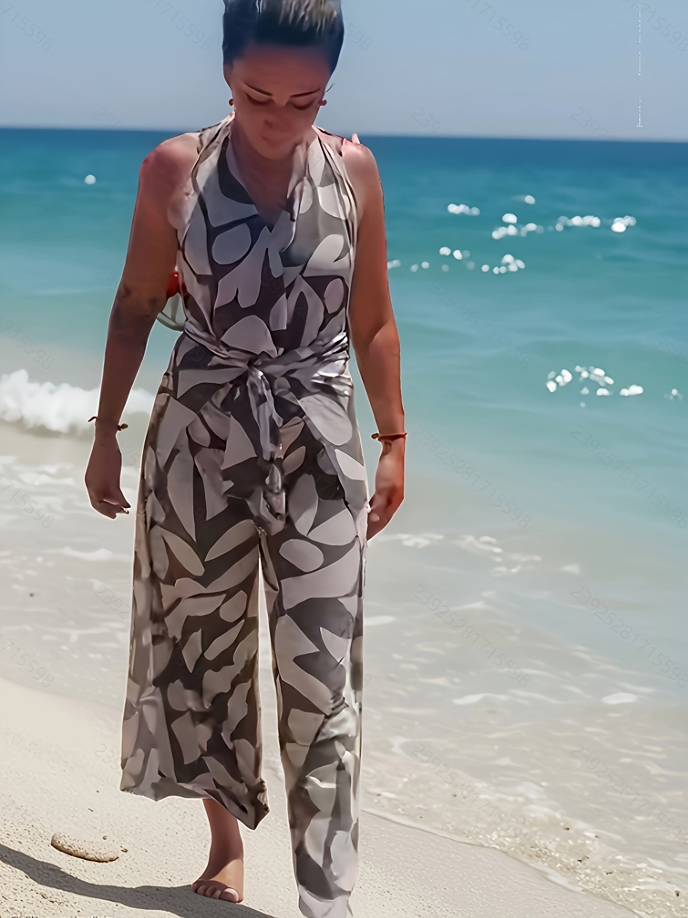 Women Geometric Print Beach Pants Loose Fit Wide-Leg Harem Culottes