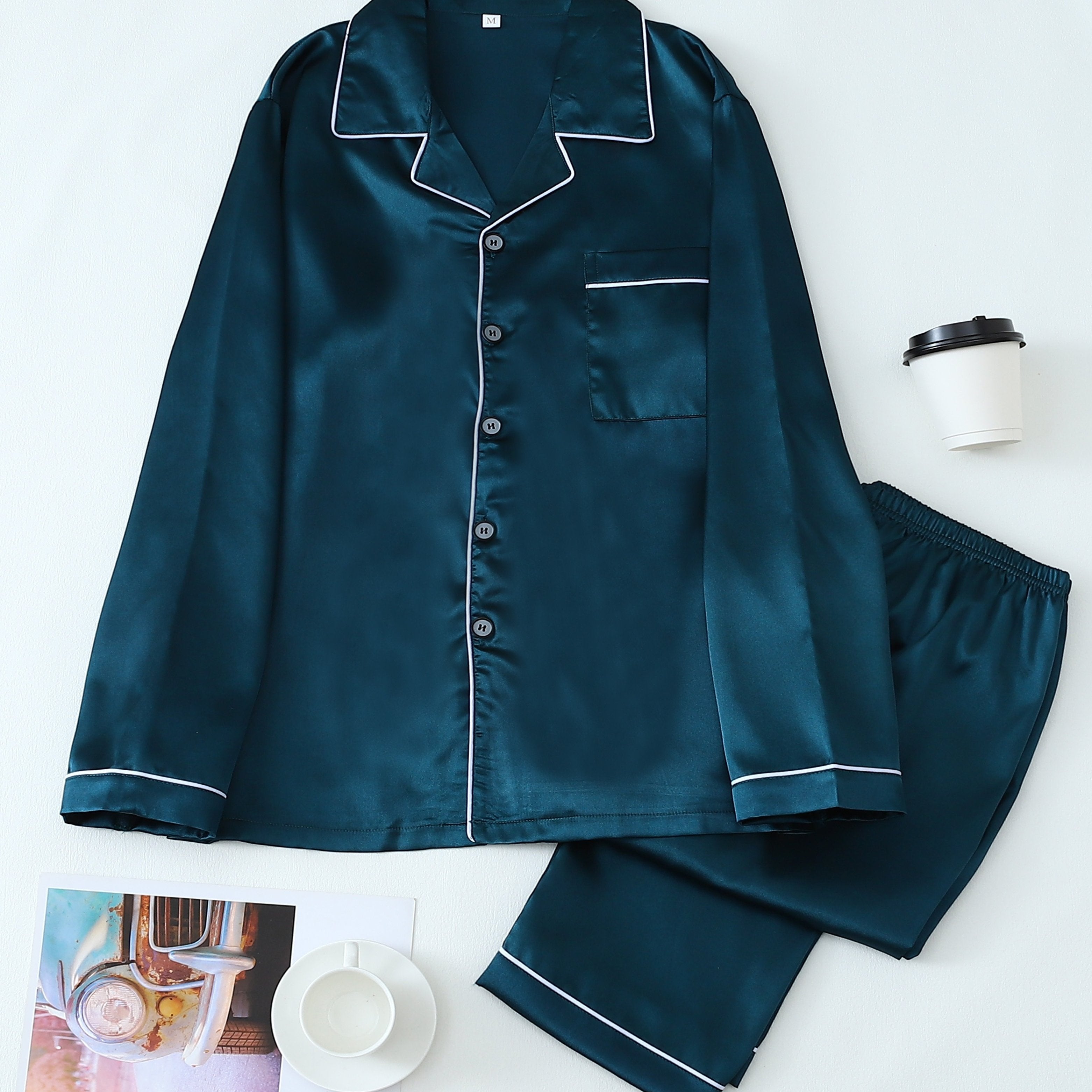 Conjunto de pijama de satén para hombre, manga larga, de color sólido, casual, con botones, para otoño e invierno