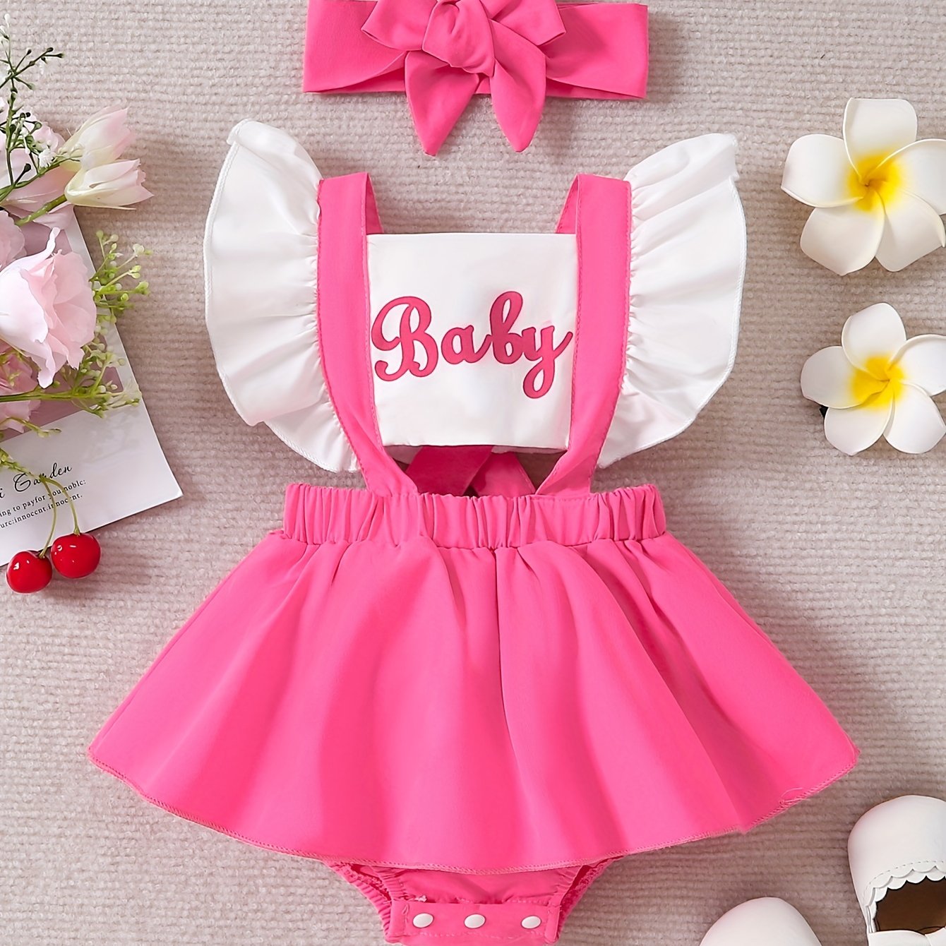 Baby Girl Romper Dress with Color Contrast Letter Print and Flying Sleeves for 0-3 Years