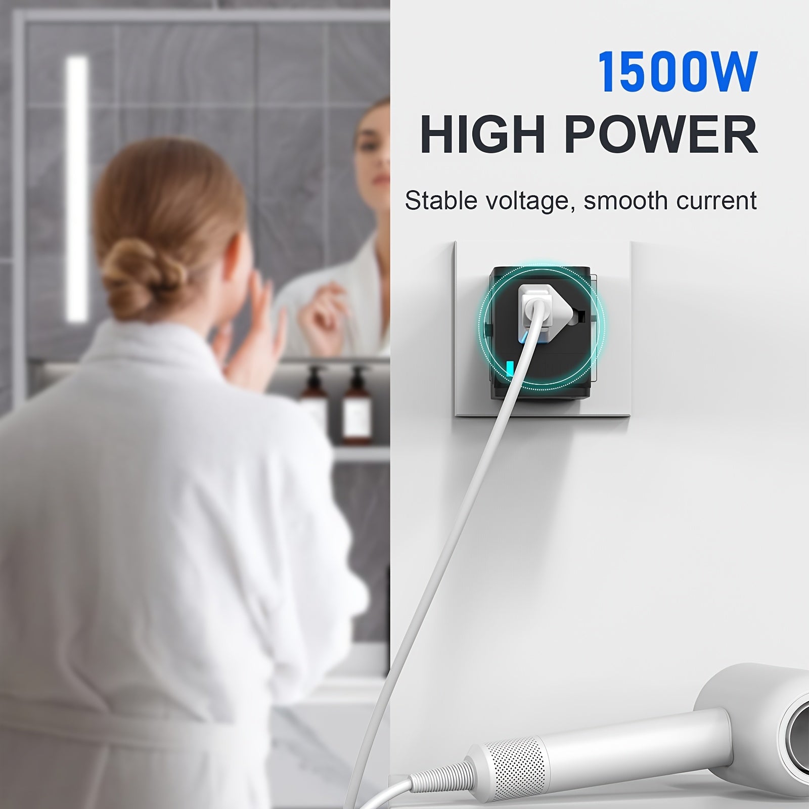 Kuchlanish o'zgartirish plagi bilan universal sayohat adapteri, barqaror yuqori kuchlanish, 1500W gacha bo'lgan qurilmalar uchun mos, 3 ta qurilma o'rtasida bir vaqtning o'zida ulash uchun 2 ta USB-A chiqishi, keng kuchlanish