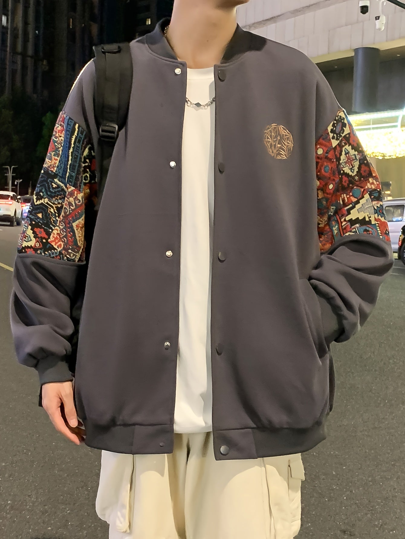 Men's Cotton Blend Embroidered Bomber Jacket with Floral Pattern for Casual Wear
