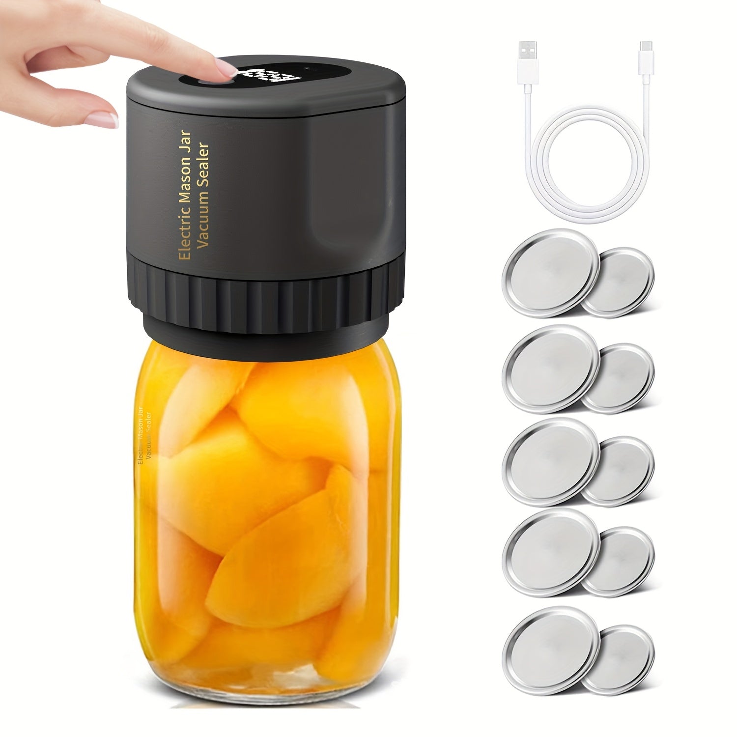 TrueBright Mason Jar Vacuum Sealer USB bilan qayta to'ldiriladigan litiy batareyaga ega. keng va odatiy og'izli bankalar uchun mos, ishlash kuchlanishi ≤36V.