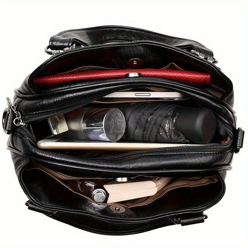 Women's Black PU Handbag with Crossbody and Shoulder Strap