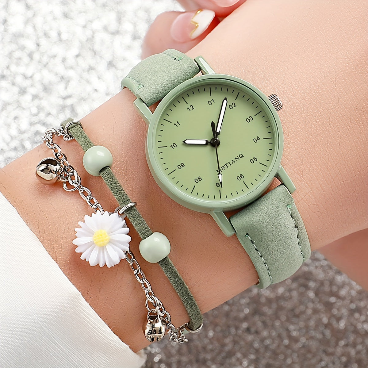 Women's Quartz Watch with Green Dial and Faux Leather Strap with Matching Bracelet