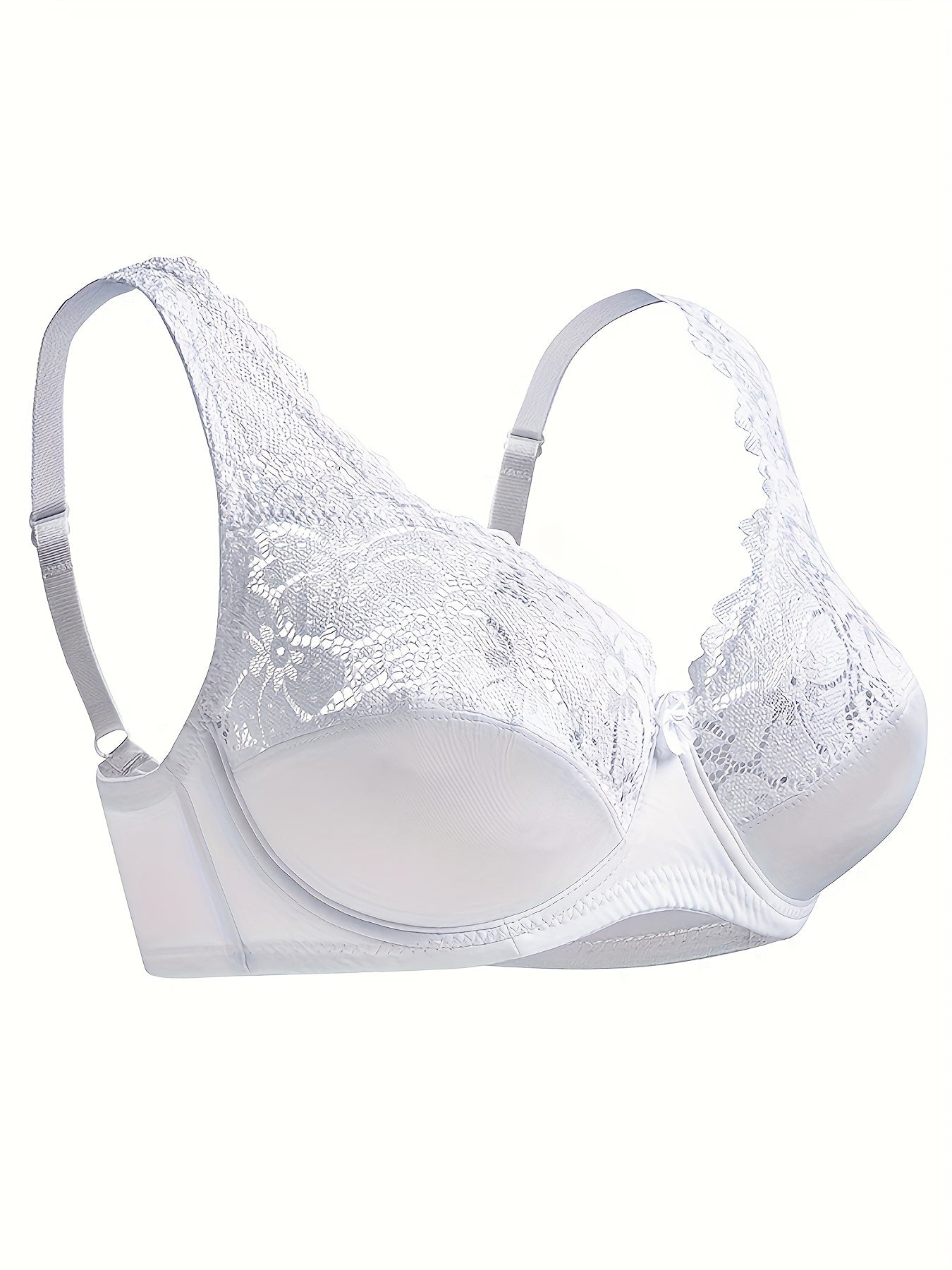 Plus Size Women's Lace Lingerie Bra with Floral Print V-Neck Scalloped Trim Light Blue