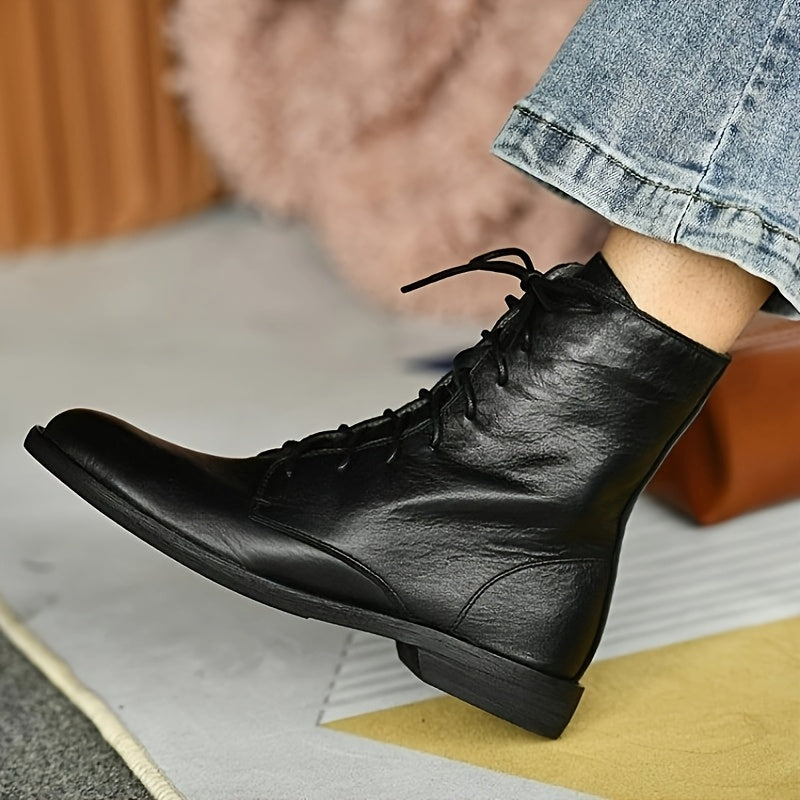 Women's Leather Round-Toe Flat-Soled Ankle Boots for Winter Casual