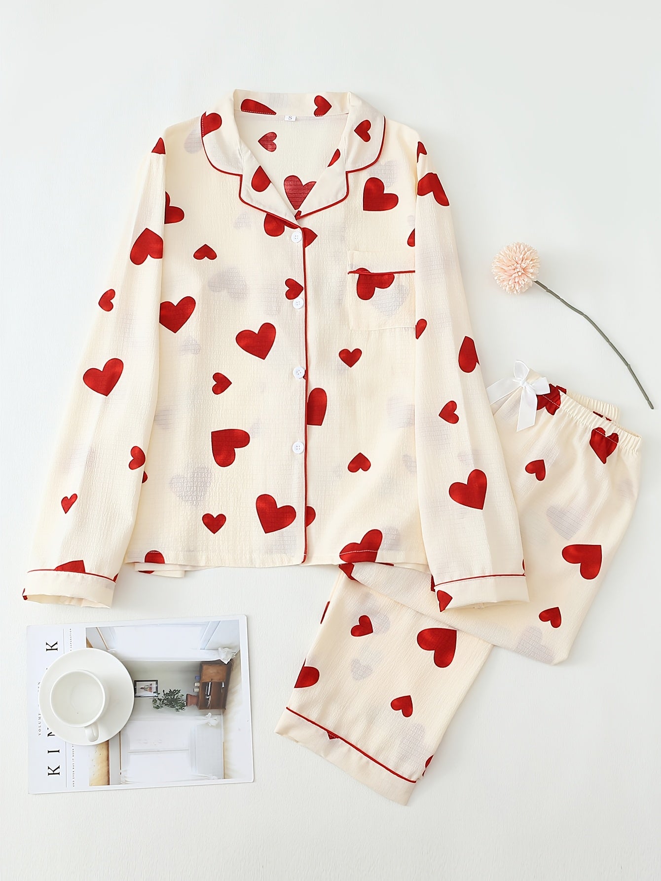 Women's Red Heart Print Pajama Set with Long Sleeves and Lapel Collar