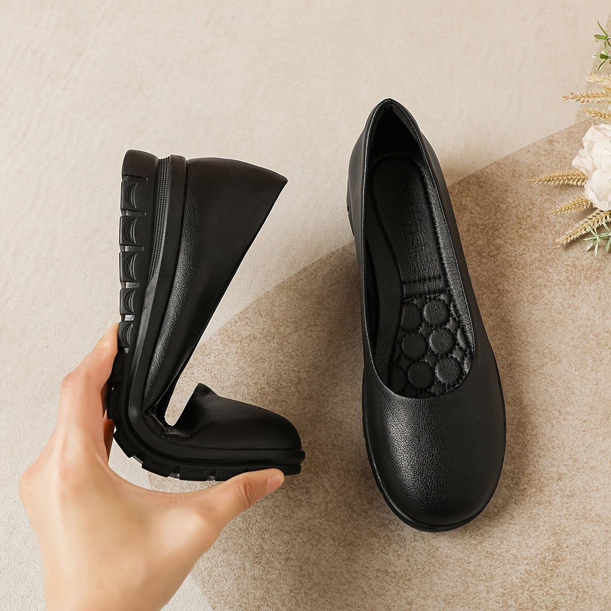 Women's Black Office Flats Non-Slip Round Toe Microfiber Shoes