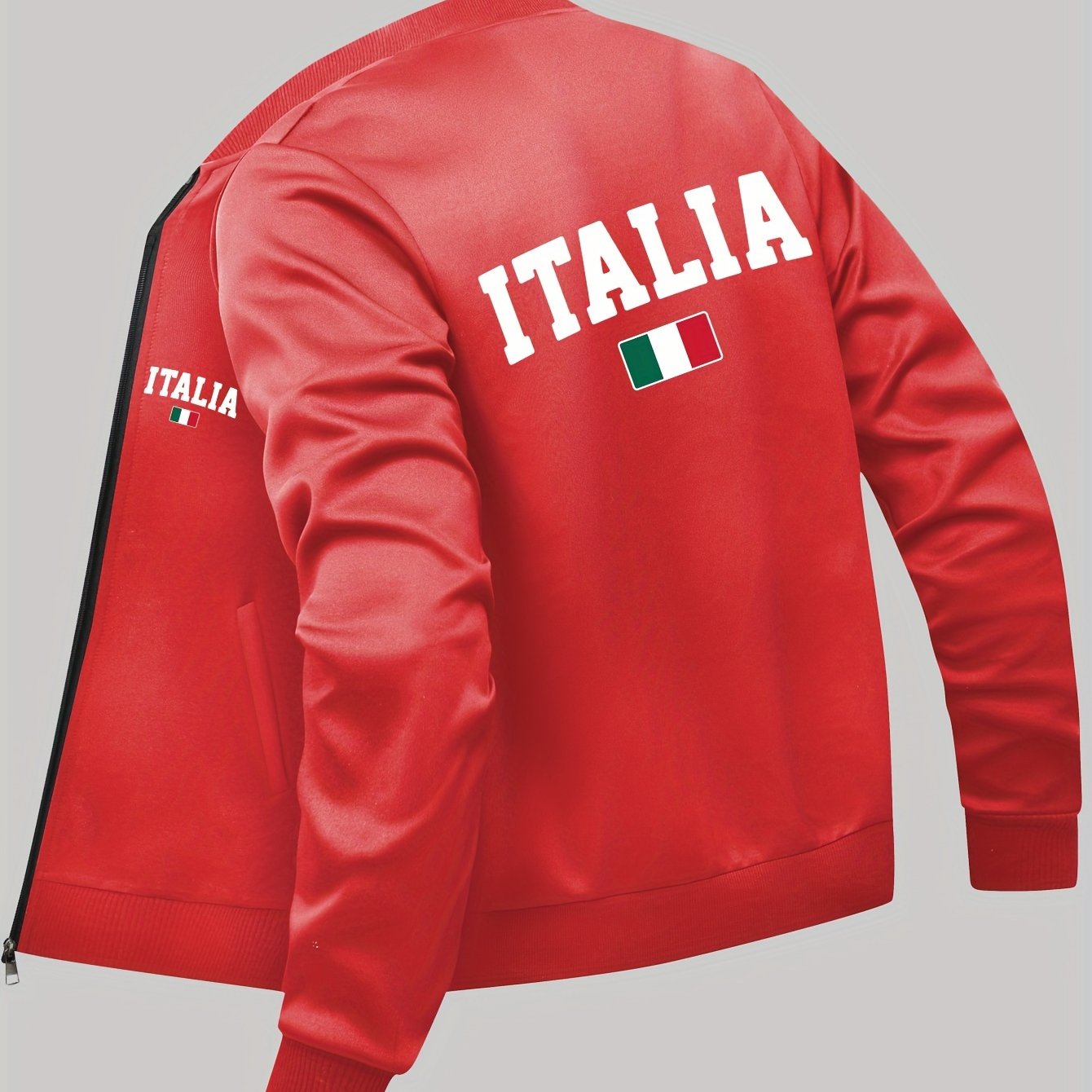 Men's Red Italian Flag Print Bomber Jacket with Zipper Pockets Stand Collar for Fall Winter