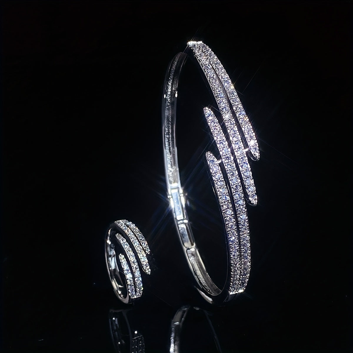 Women's Bracelet Ring Set with Hollow Double-Row Micro-Set Zirconia Claw Chain