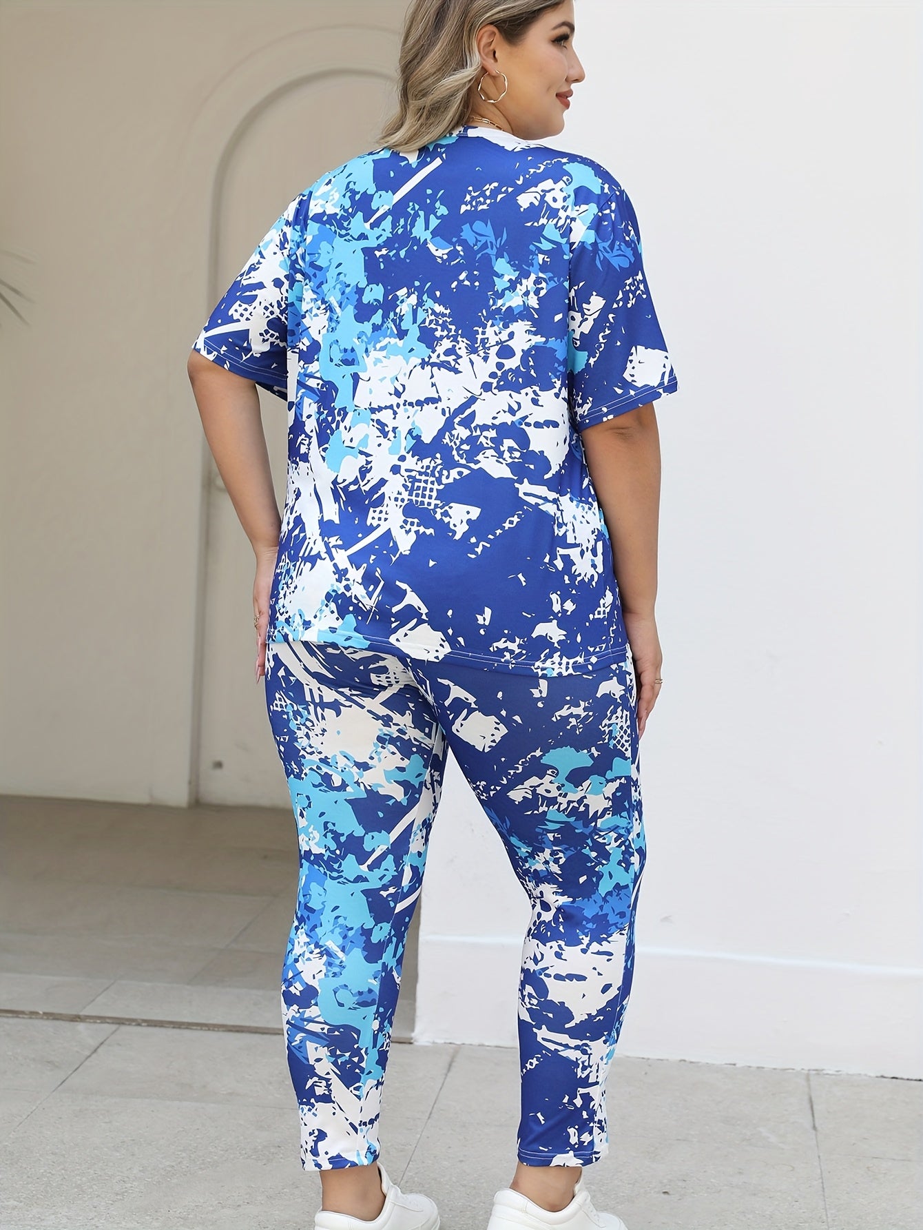 Women Plus Size Casual Sportswear Set Short Sleeve Long Pants Two-Piece