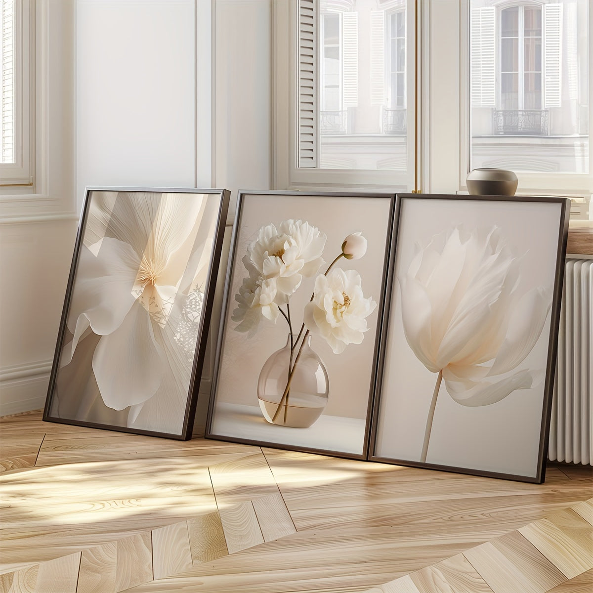 Set of 3 White Peony Flower Wall Art Prints Canvas Modern Minimalist Neutral Decor