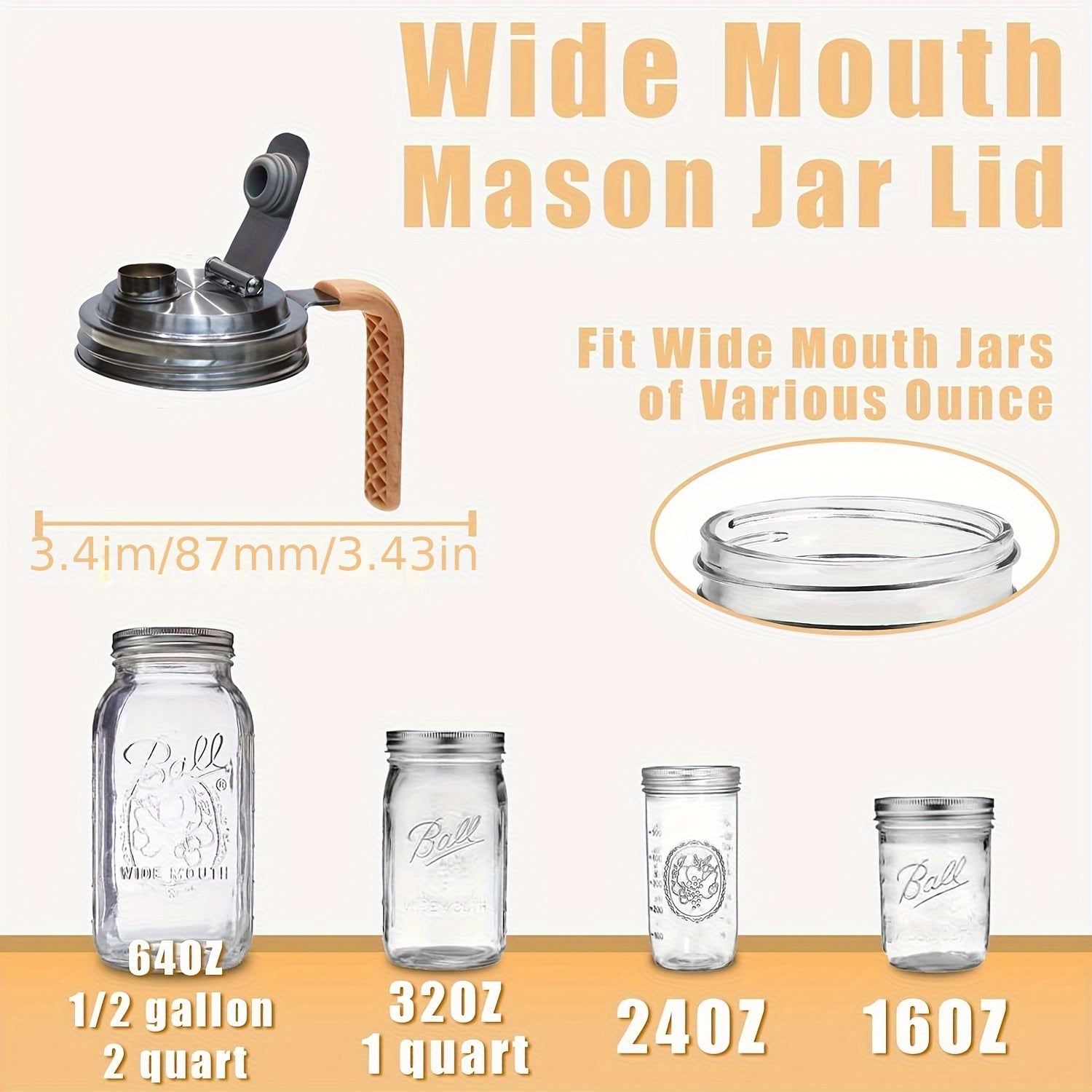 Stainless Steel Mason Jar Lid with Handle for 86mm Canning Jars Kitchen Storage