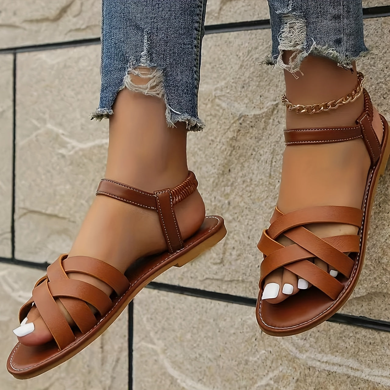 Women's Open-Toe Flat Sandals Casual French Retro Soft Sole