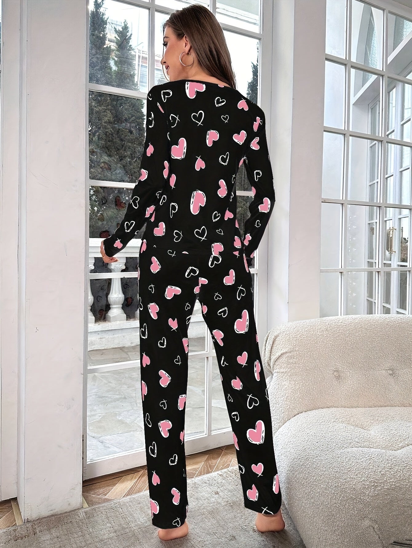 Women’s Heart Print Pajama Set Cozy Knit Fabric All-Season Loungewear