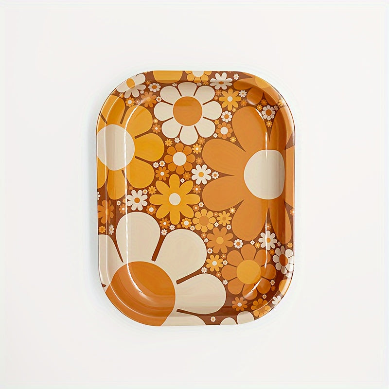 Car Armrest Tray Stainless Steel Floral Pattern Orange White Storage Organizer